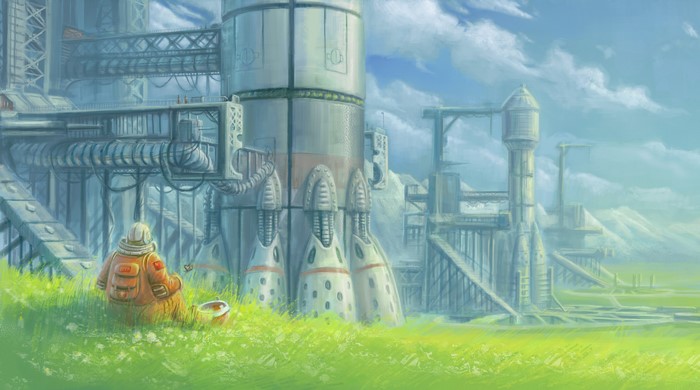 Cosmonaut sitting in a field near a futuristic facility