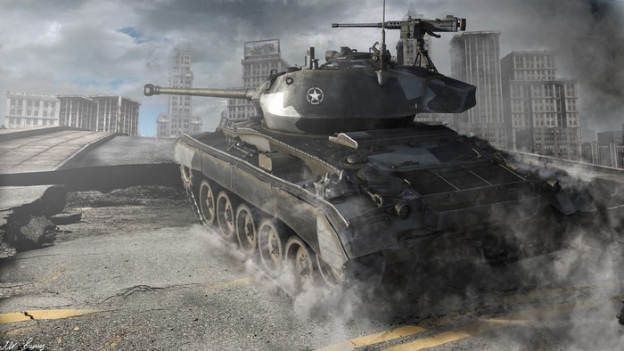 World of Tanks M4 Sherman tank in ruined city