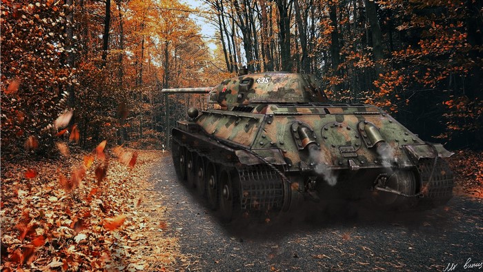 T-34-76 tank in autumn forest