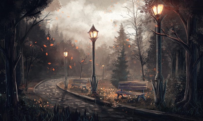 Park path with street lights and benches in autumn
