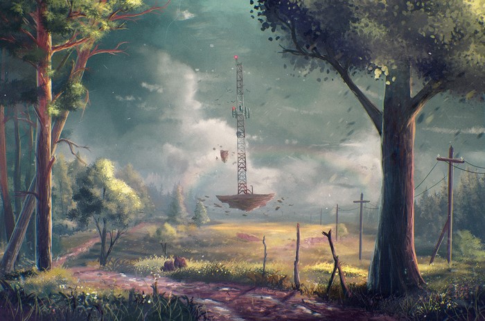 Floating island with cell tower in a fantasy landscape