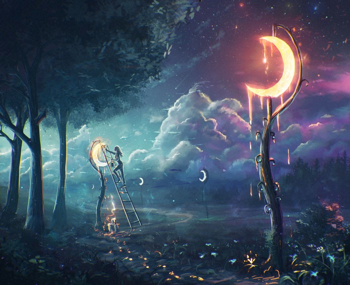 Fantasy world with glowing moons and fairies