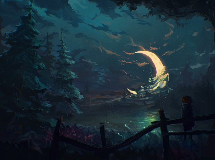 Fantasy forest scene with a crescent moon and a person