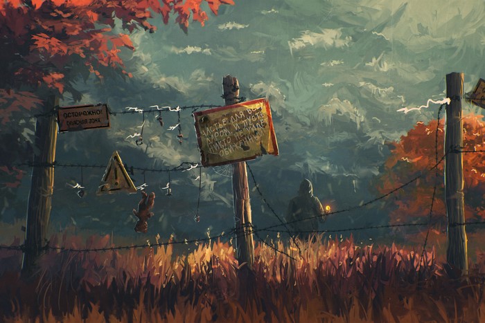 Post-apocalyptic fence with warning signs and a figure