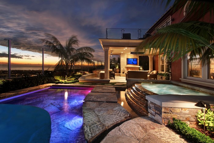 Luxury Backyard Pool and Spa at Sunset in San Clemente, California