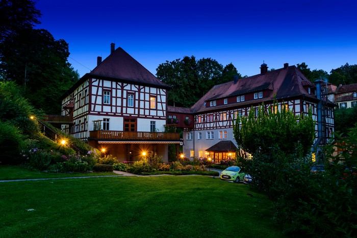 Half-timbered houses in Burgbernheim, Bavaria at night