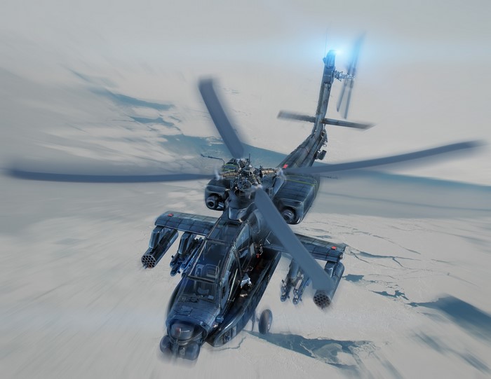 AH-64 Apache Helicopter in Flight Over Icy Terrain