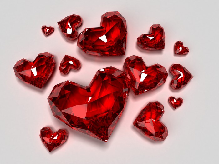 Red Gemstone Hearts on White Background