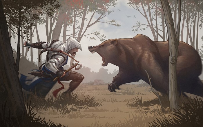 Connor from Assassin's Creed 3 fighting a bear