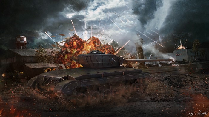 World of Tanks battle scene with explosions