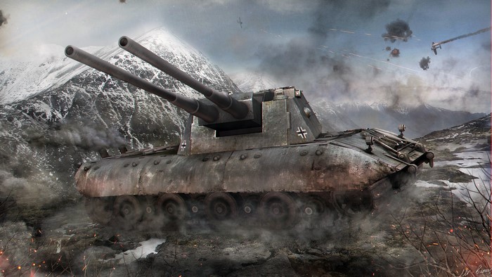 German Maus tank with dual cannons in battle
