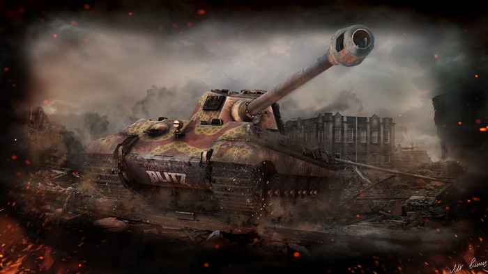 Tiger II tank in a destroyed city