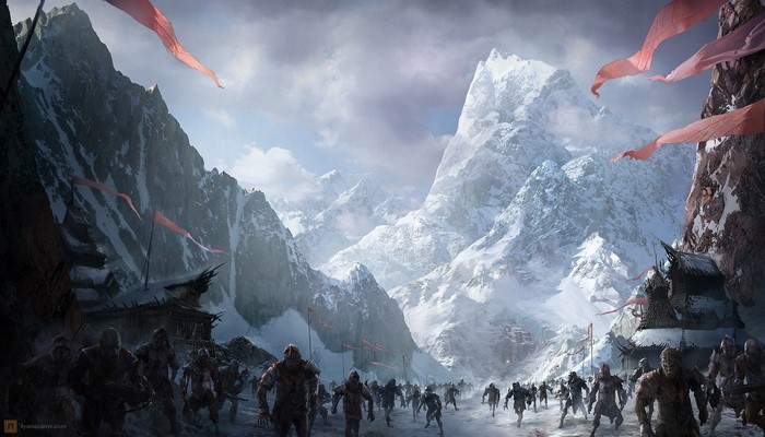 Orcs marching through snowy mountains