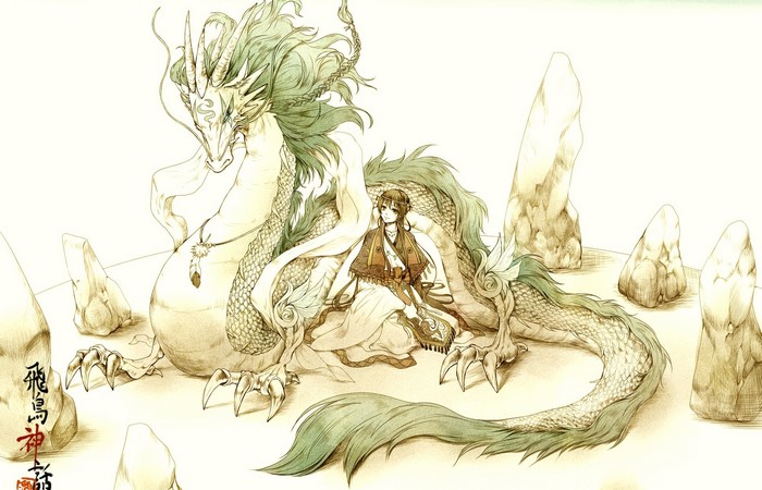 A girl sits with a dragon surrounded by rocks