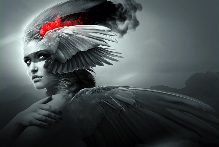 Woman with wings and red flower