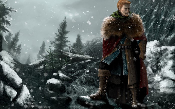 Man in fur-trimmed cloak in snowy forest