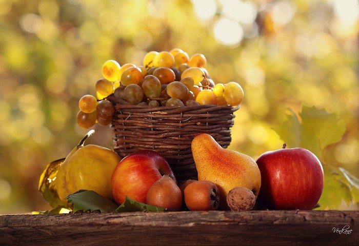 Grapes, Pears, Apples, and Walnuts in a Wicker Basket