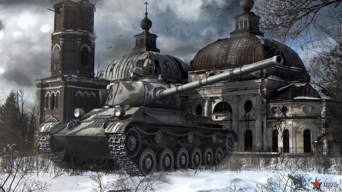 World of Tanks IS-7 tank in front of ruined churches