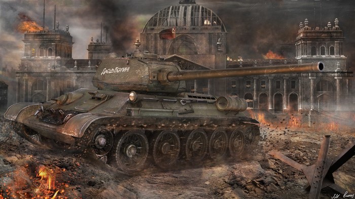 Soviet tank in burning Berlin