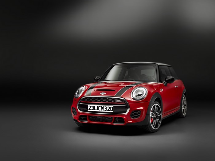 Red Mini John Cooper Works with racing stripes
