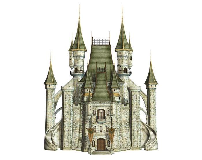 Stone castle with green roofs and spires