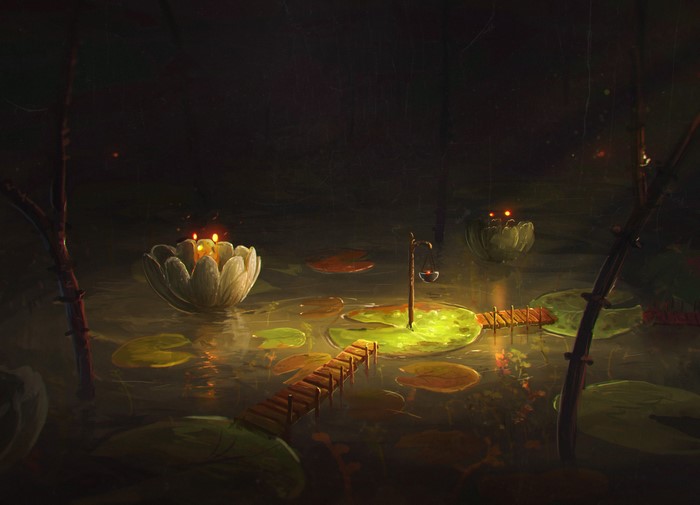 Water lilies with candles and bridges on a pond