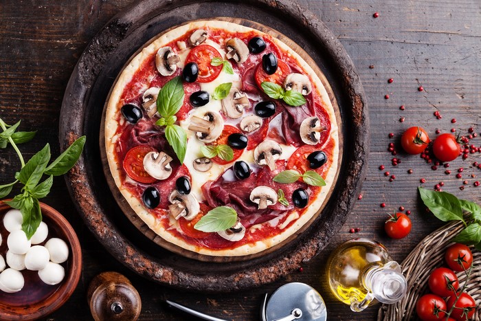 Pizza with Mushrooms, Tomatoes, and Olives