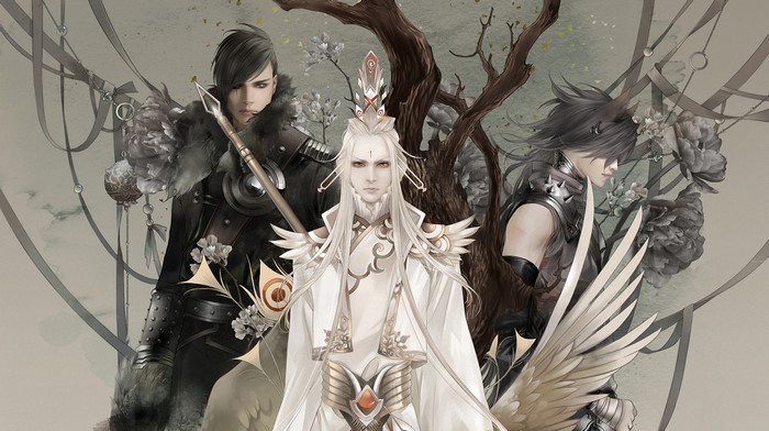 Three men with spears and wings
