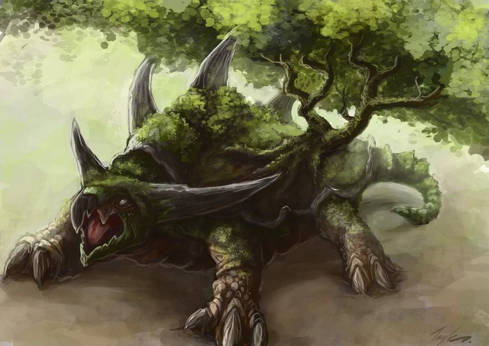A moss-covered creature with horns and a tree growing from its back