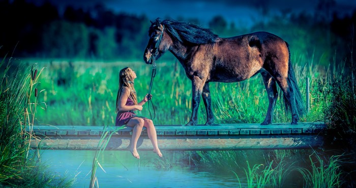 Girl and horse on a bridge