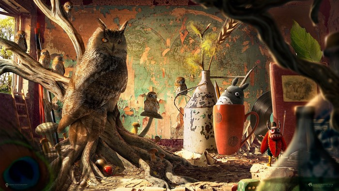 Owls and Totoro in a cluttered room with a world map