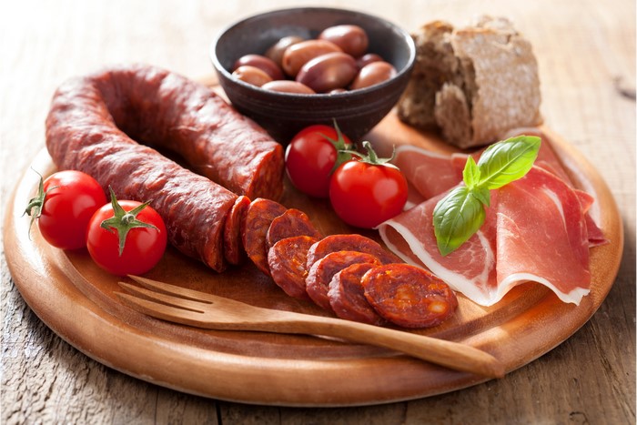 Sausage, Ham, Tomatoes, Olives, and Bread Platter