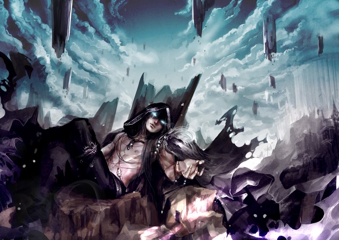Man with glowing eyes in a dark hooded cloak