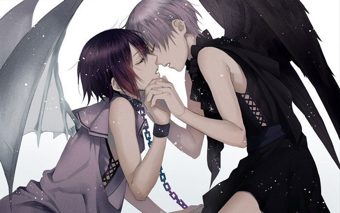 Two anime boys with wings, one chained