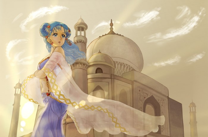 Anime girl in traditional Indian attire with Taj Mahal