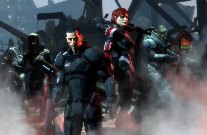 Mass Effect characters in a war-torn environment