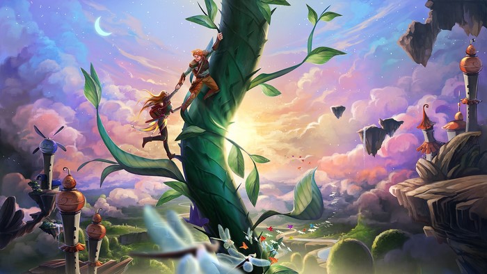 Two people climbing a giant beanstalk in a fantasy world