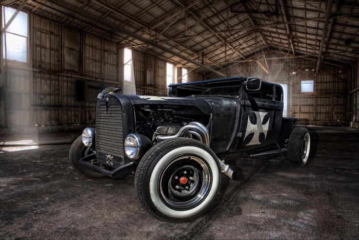 Black Rat Rod with Iron Cross in a Barn