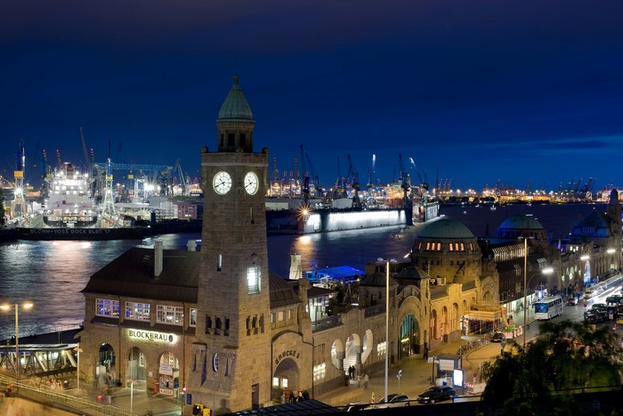 Hamburg Harbor at Night with Clock Tower