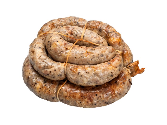 Coiled raw sausages tied with string
