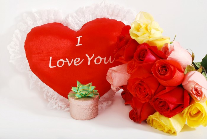 Valentine's Day Heart Pillow with Roses and Gift