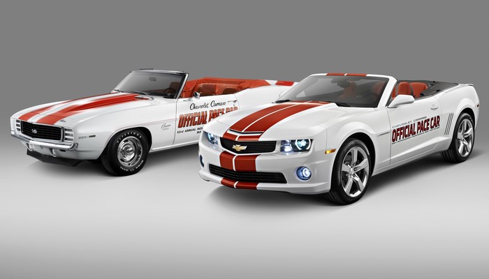 Two Chevrolet Camaros, 1969 and 2011, Official Pace Cars
