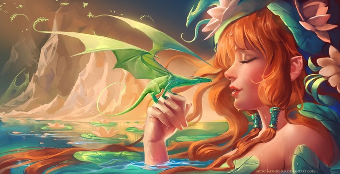 Redhead girl with a dragon in a fantasy landscape