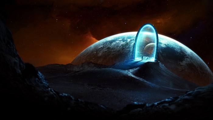 Alien portal on a rocky planet with Earth in the background