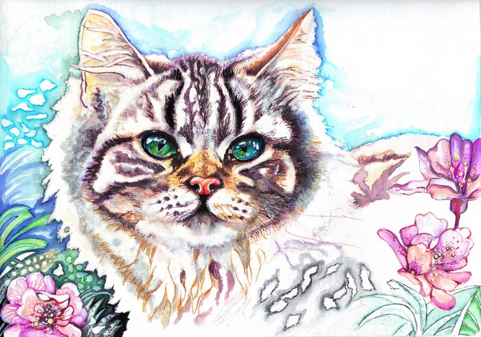 Watercolor painting of a cat with green eyes and flowers