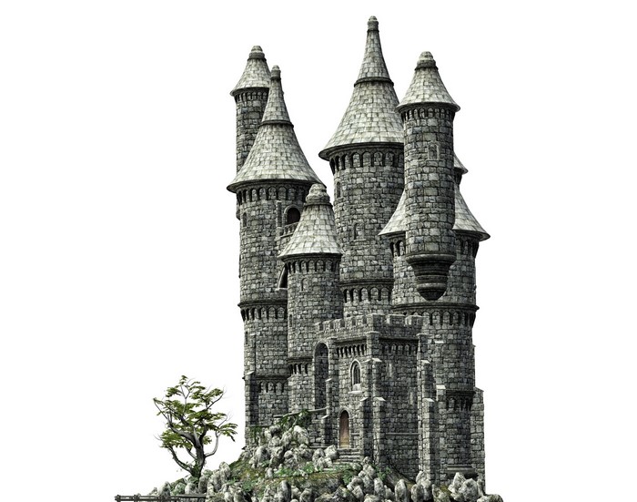 Stone castle with multiple towers on a rocky hill