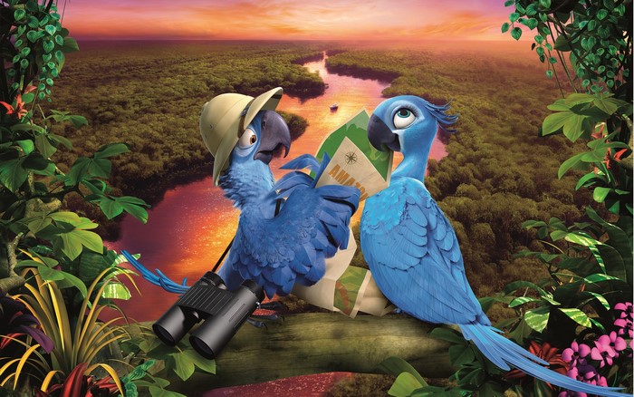 Blu and Jewel from Rio with Amazon map