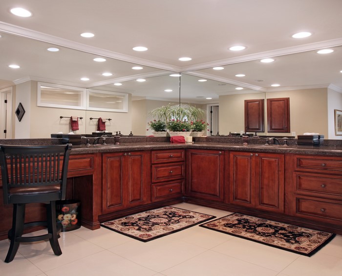 Luxurious bathroom vanity with double sinks and mirrors