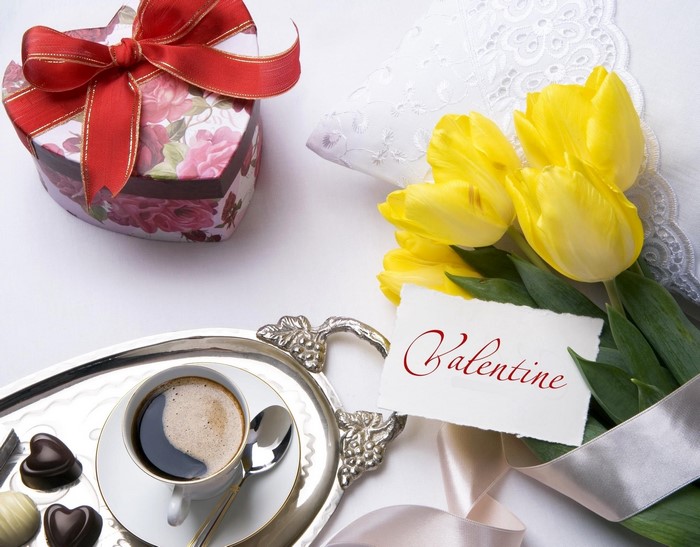 Valentine's Day Gift with Coffee and Tulips