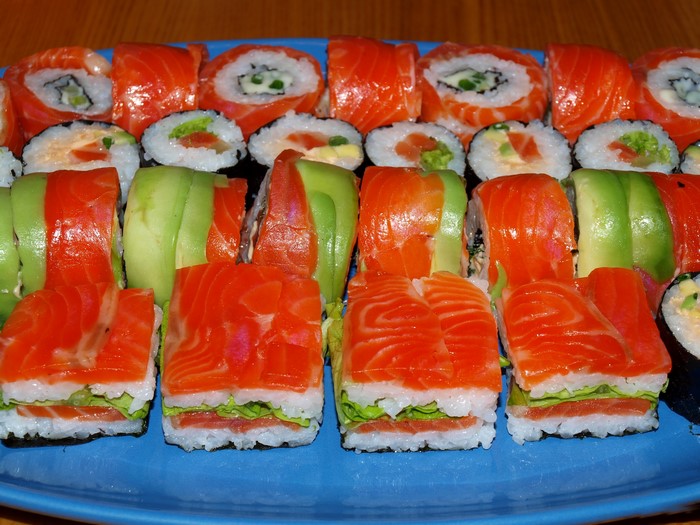 Assortment of Salmon and Avocado Sushi Rolls